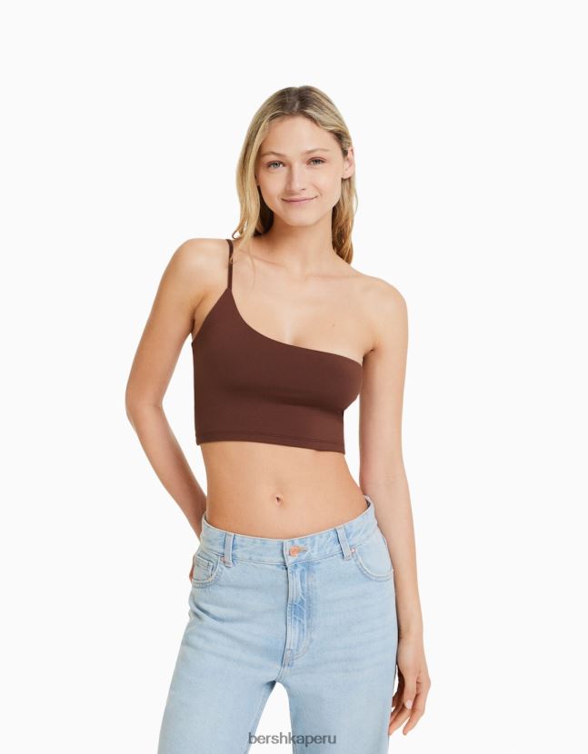 marrón Bershka mujer top corto asimétrico con tirantes 806J6B747