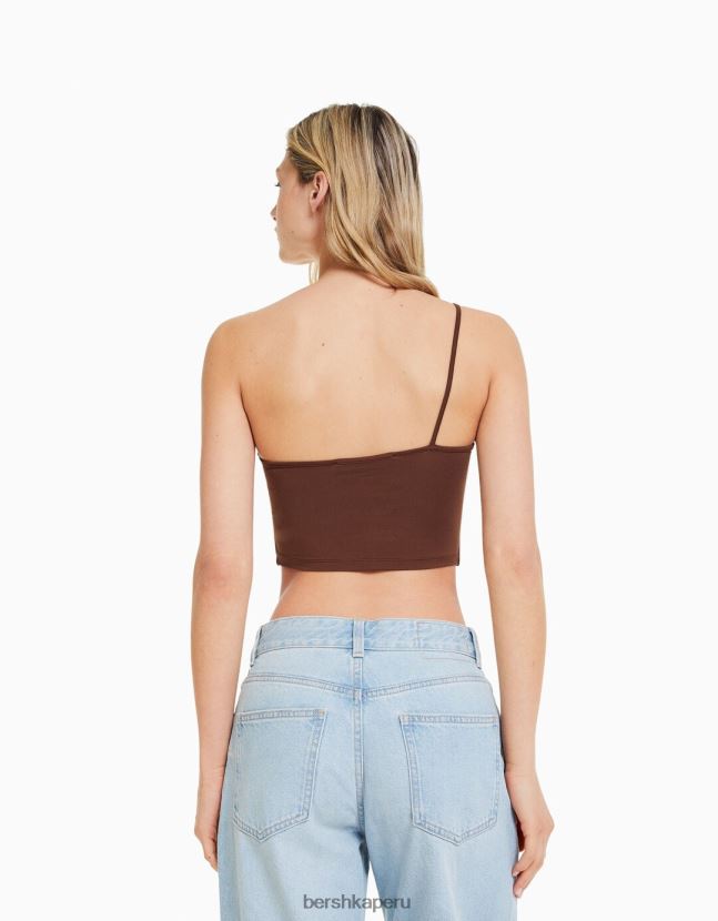 marrón Bershka mujer top corto asimétrico con tirantes 806J6B747