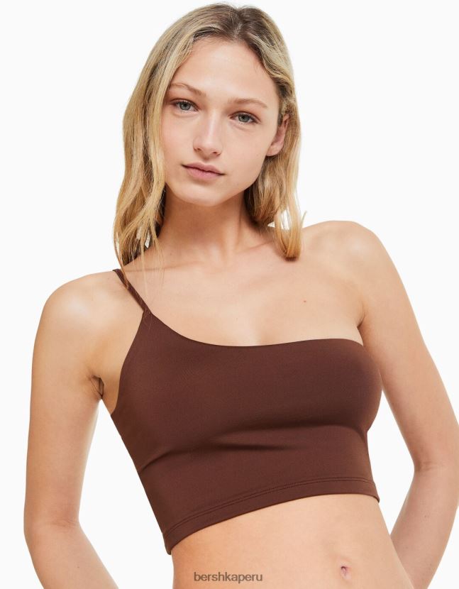 marrón Bershka mujer top corto asimétrico con tirantes 806J6B747