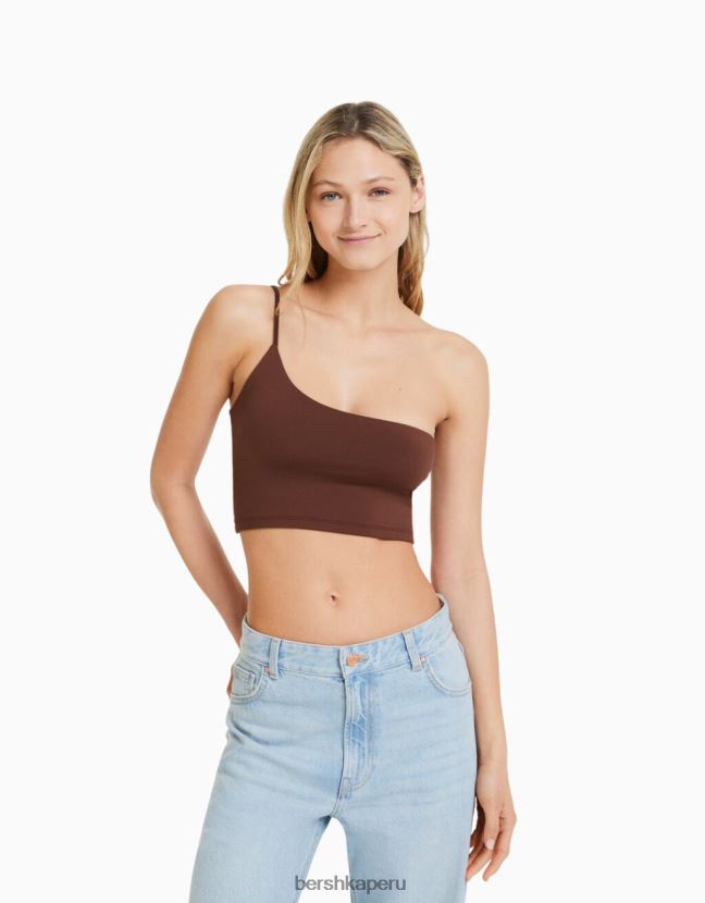 marrón Bershka mujer top corto asimétrico con tirantes 806J6B749