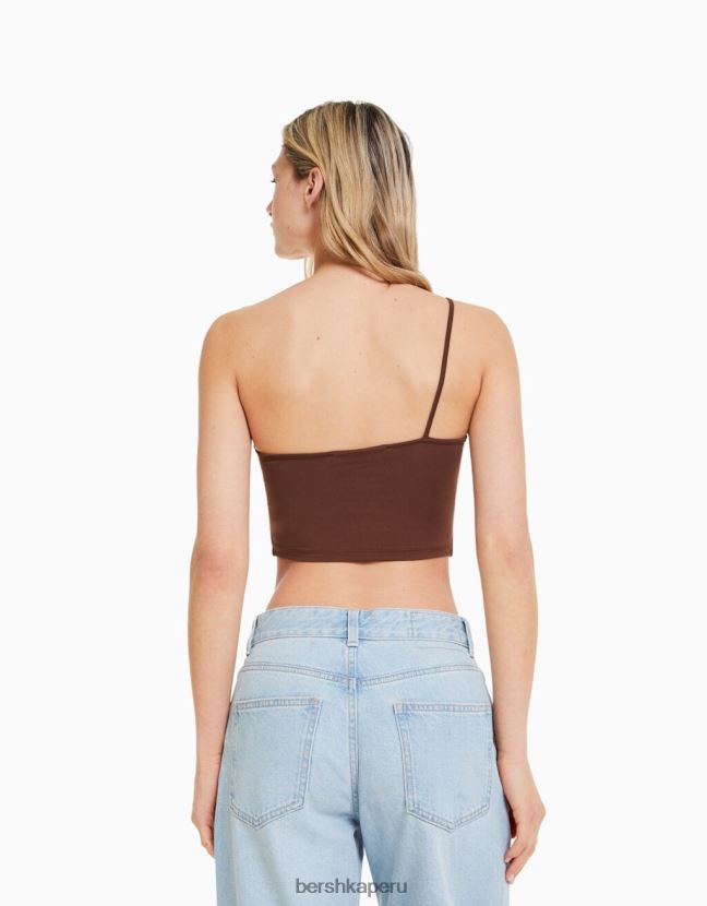 marrón Bershka mujer top corto asimétrico con tirantes 806J6B749