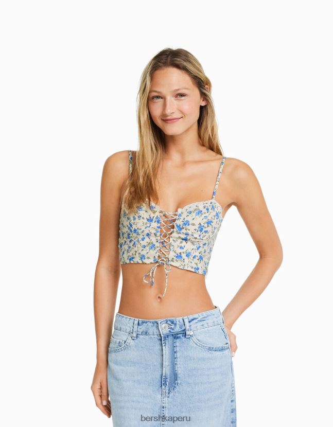 multicolor Bershka mujer top corsé estampado con tirantes y detalle de lazo 806J6B1926