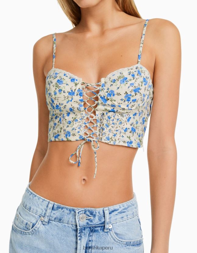 multicolor Bershka mujer top corsé estampado con tirantes y detalle de lazo 806J6B757