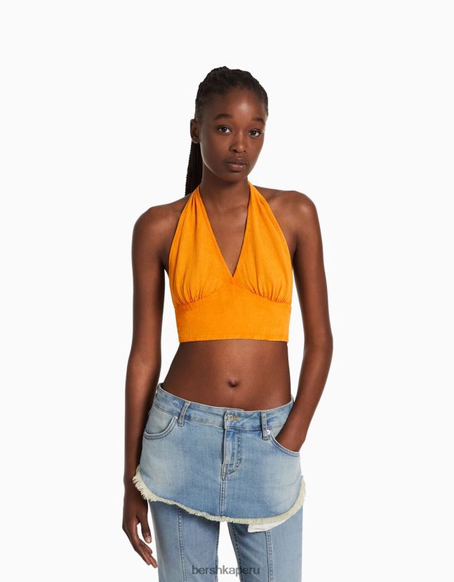 naranja Bershka mujer top corto de mezcla de lino rústico 806J6B735