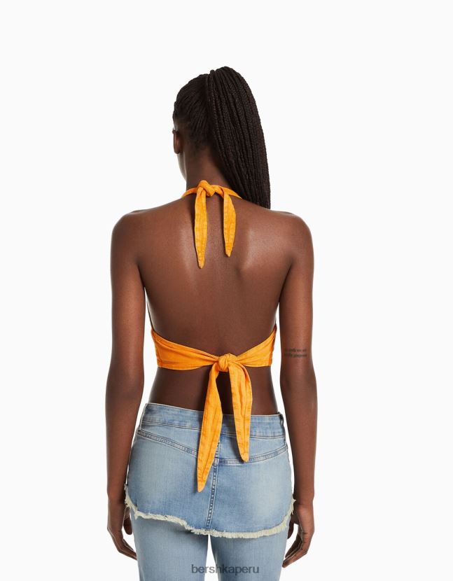 naranja Bershka mujer top corto de mezcla de lino rústico 806J6B735