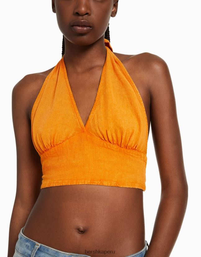 naranja Bershka mujer top corto de mezcla de lino rústico 806J6B735