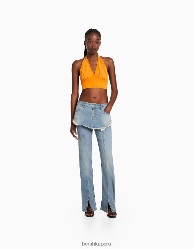 naranja Bershka mujer top corto de mezcla de lino rústico 806J6B735