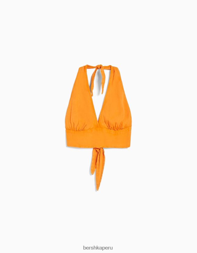 naranja Bershka mujer top corto de mezcla de lino rústico 806J6B735