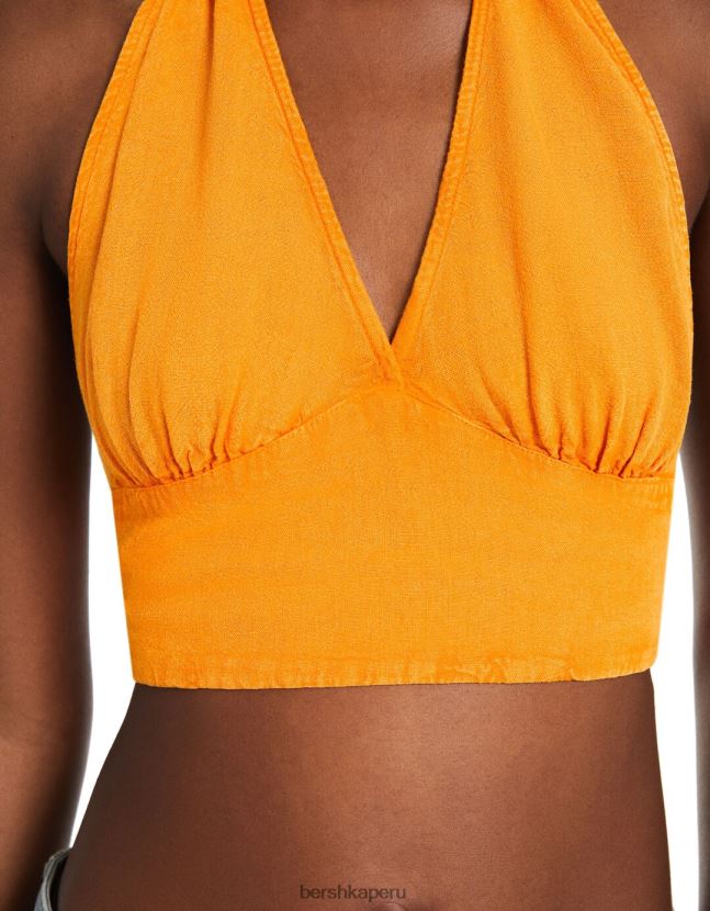 naranja Bershka mujer top corto de mezcla de lino rústico 806J6B735