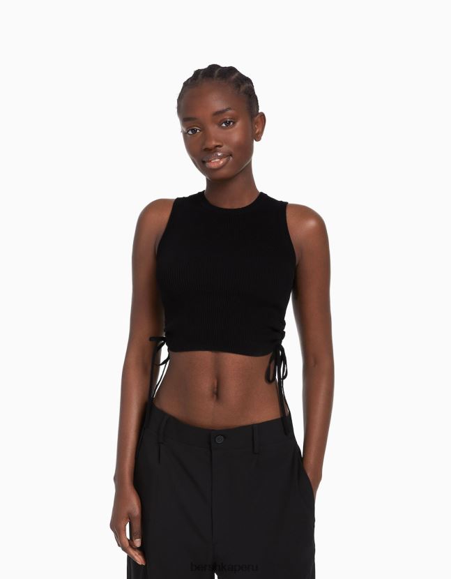 negro Bershka mujer camiseta sin mangas con lazos fruncidos 806J6B654
