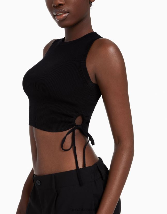 negro Bershka mujer camiseta sin mangas con lazos fruncidos 806J6B654