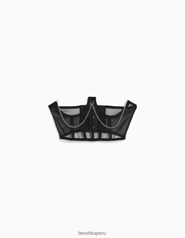 negro Bershka mujer corsé de organza con cadena 806J6B788