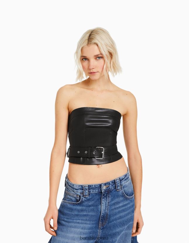 negro Bershka mujer corsé de piel sintética con detalle de cinturón 806J6B744