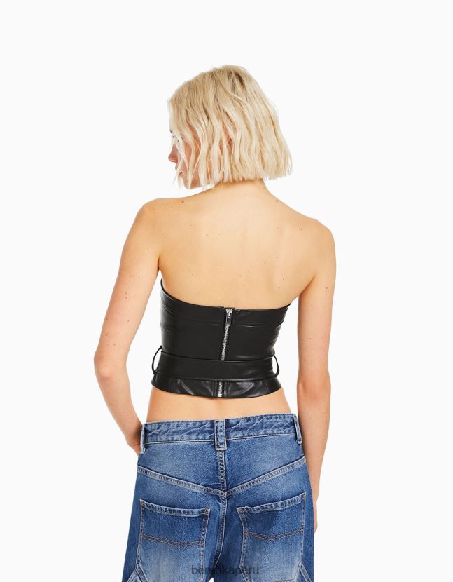 negro Bershka mujer corsé de piel sintética con detalle de cinturón 806J6B744