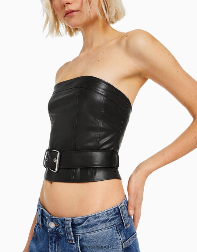 negro Bershka mujer corsé de piel sintética con detalle de cinturón 806J6B744