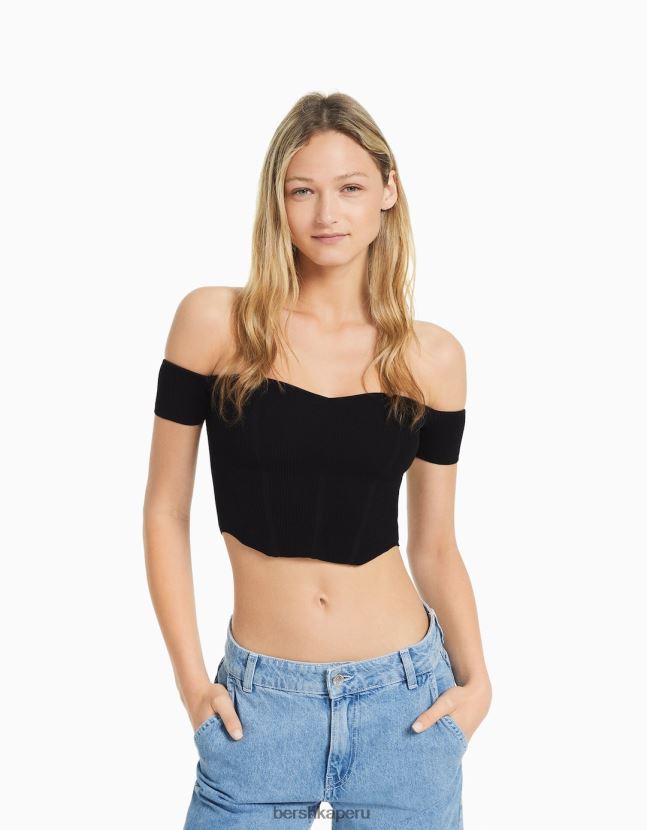 negro Bershka mujer corsé de punto con hombros descubiertos y manga corta 806J6B804
