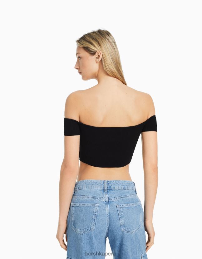 negro Bershka mujer corsé de punto con hombros descubiertos y manga corta 806J6B804