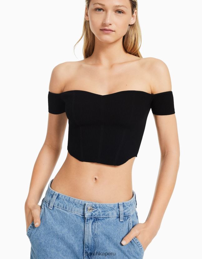 negro Bershka mujer corsé de punto con hombros descubiertos y manga corta 806J6B804