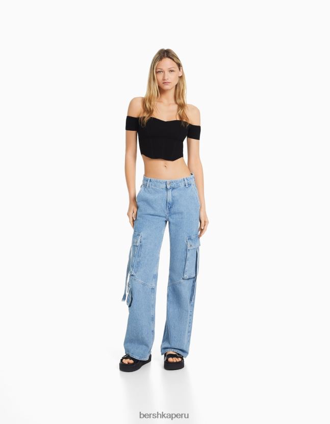 negro Bershka mujer corsé de punto con hombros descubiertos y manga corta 806J6B804