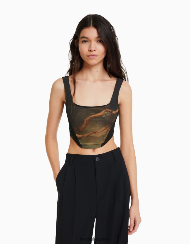 negro Bershka mujer corsé de tul con estampado art series 806J6B720
