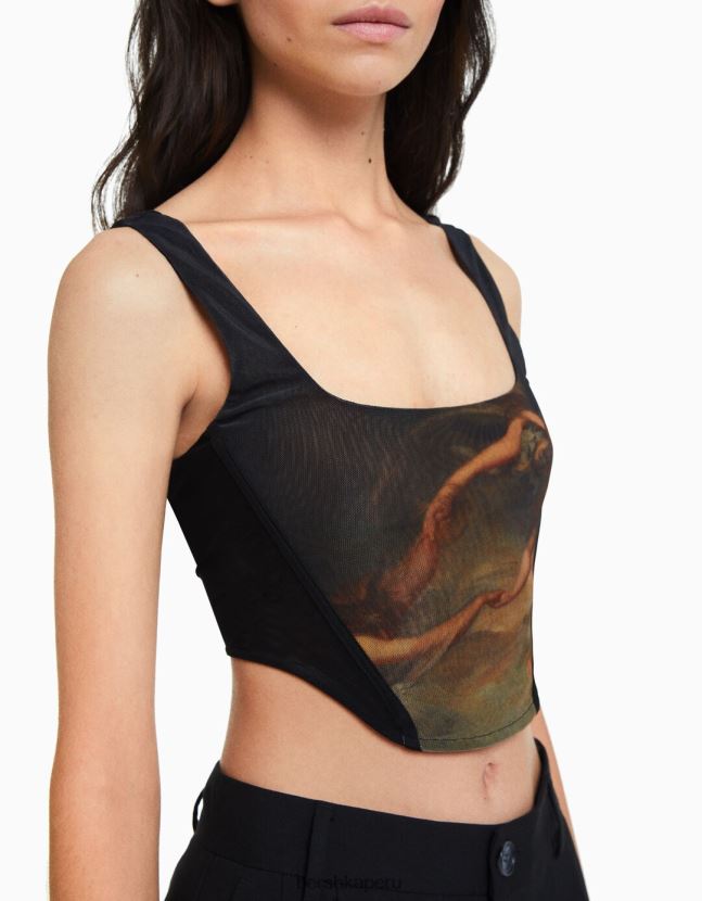 negro Bershka mujer corsé de tul con estampado art series 806J6B720