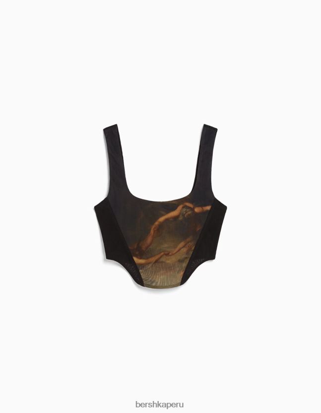 negro Bershka mujer corsé de tul con estampado art series 806J6B720