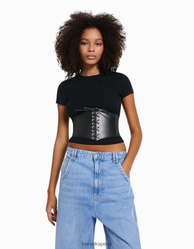 negro Bershka mujer corsé trenzado de piel sintética 806J6B865
