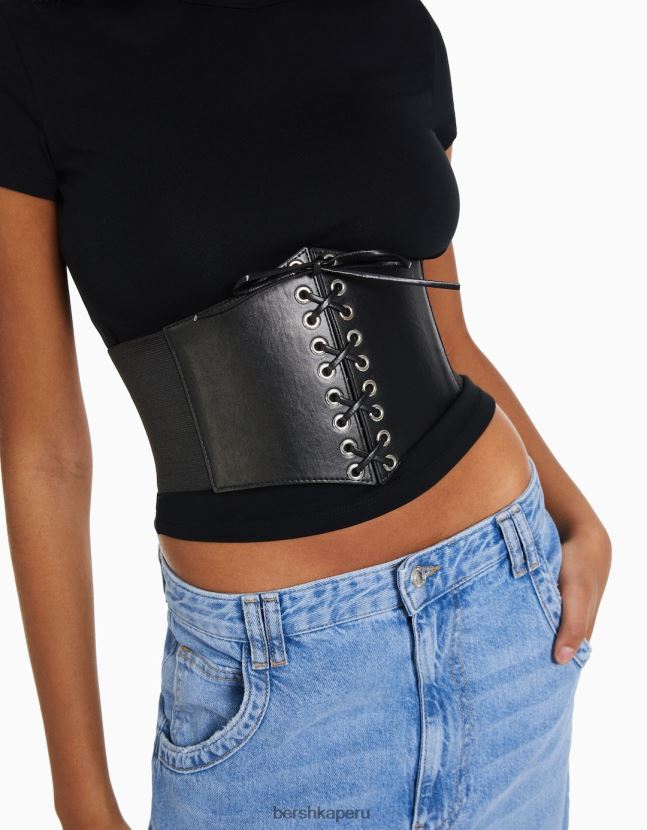 negro Bershka mujer corsé trenzado de piel sintética 806J6B865