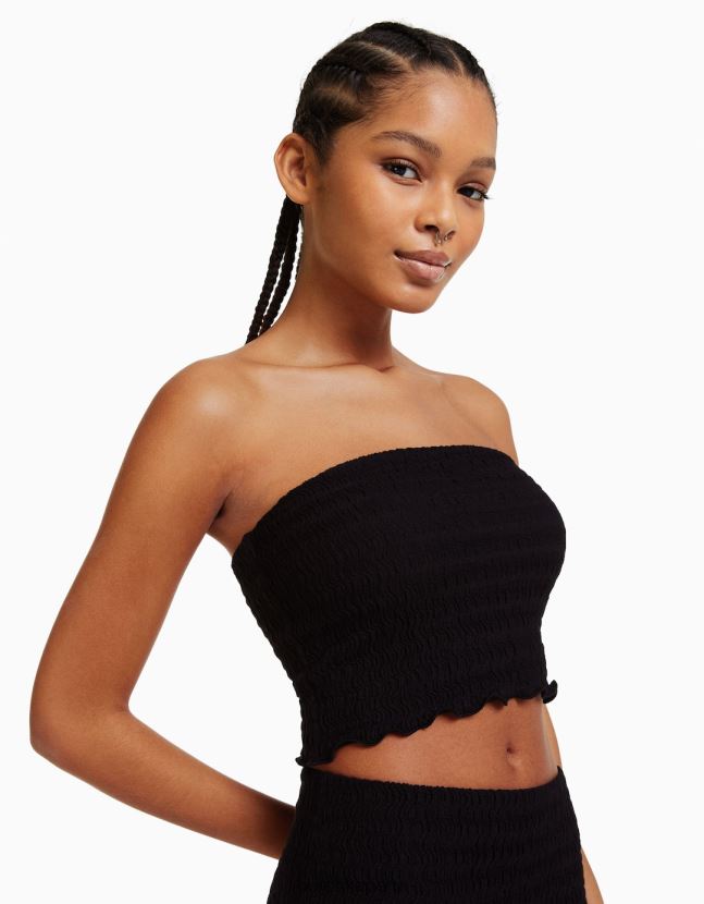 negro Bershka mujer top bandeau tejido waffle 806J6B858