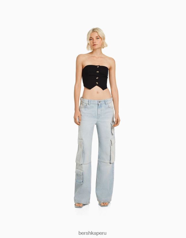 negro Bershka mujer top bustier de mezcla de lino 806J6B746