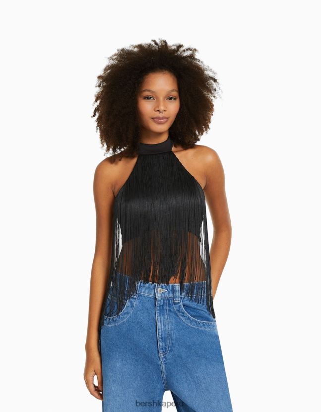 negro Bershka mujer top con cuello halter y flecos 806J6B716