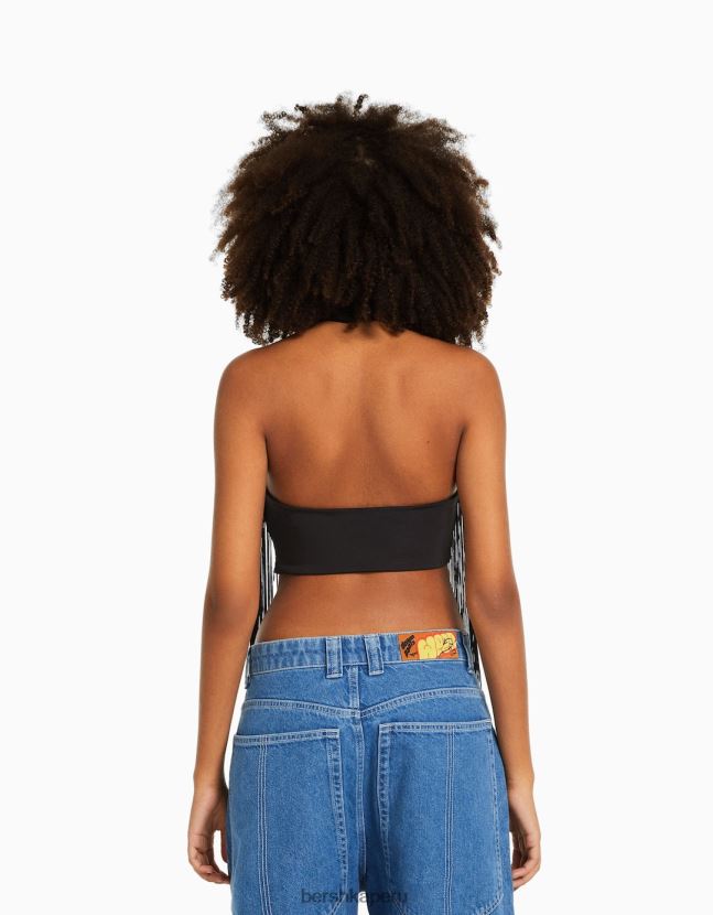 negro Bershka mujer top con cuello halter y flecos 806J6B716