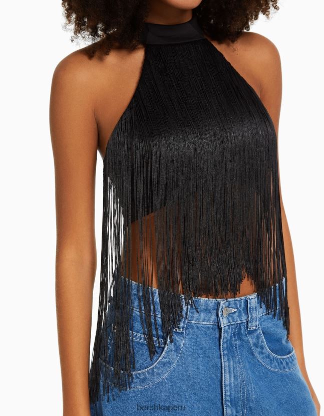 negro Bershka mujer top con cuello halter y flecos 806J6B716
