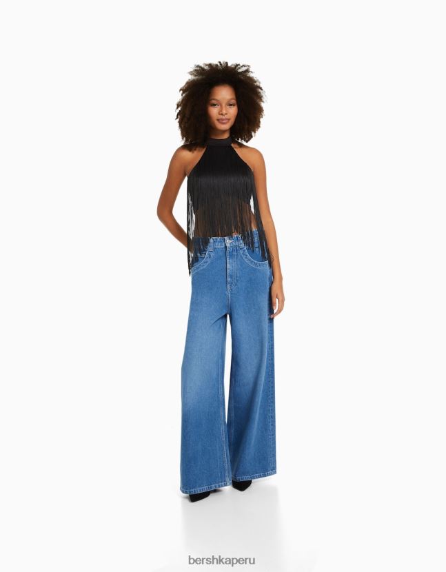 negro Bershka mujer top con cuello halter y flecos 806J6B716