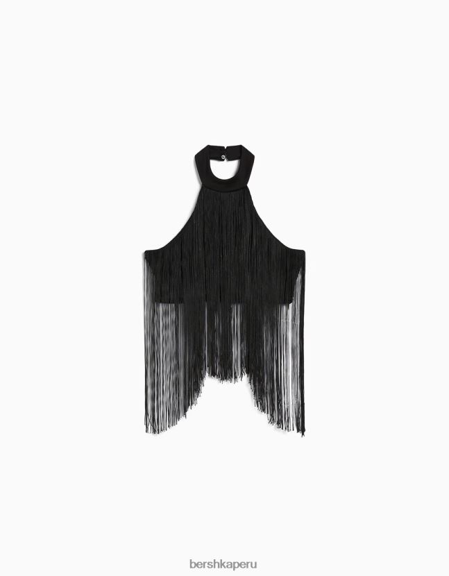 negro Bershka mujer top con cuello halter y flecos 806J6B716