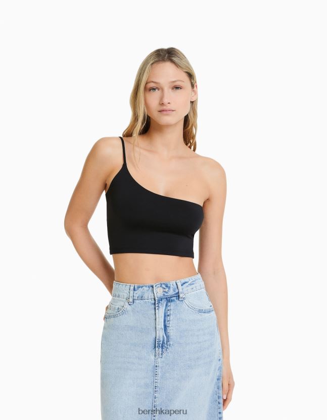 negro Bershka mujer top corto asimétrico con tirantes 806J6B750