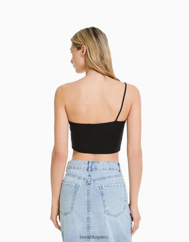negro Bershka mujer top corto asimétrico con tirantes 806J6B750