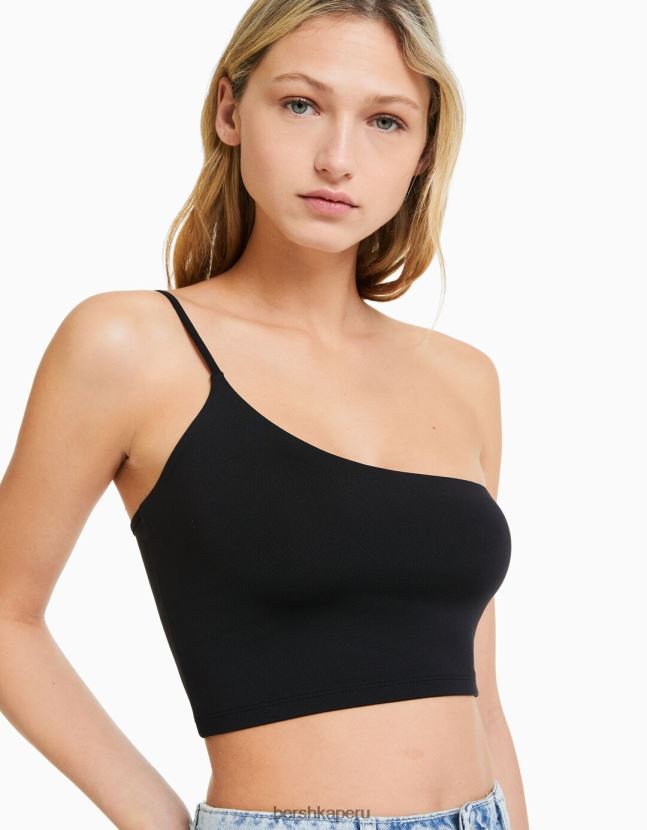 negro Bershka mujer top corto asimétrico con tirantes 806J6B750