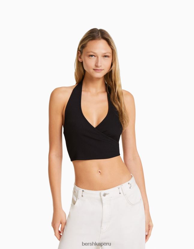 negro Bershka mujer top corto de canalé con cuello halter 806J6B681