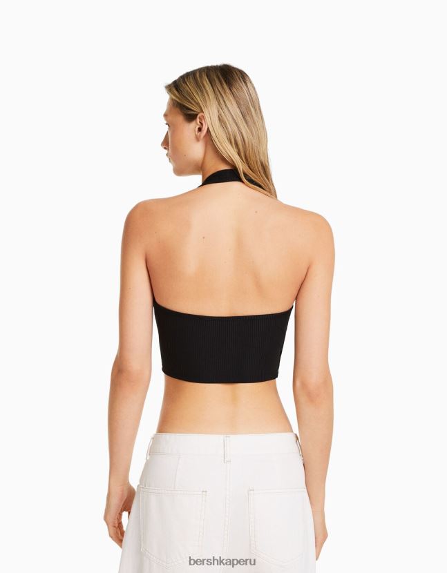 negro Bershka mujer top corto de canalé con cuello halter 806J6B681