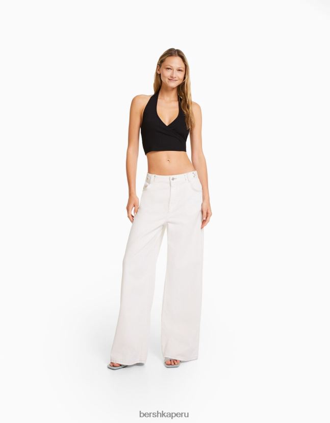 negro Bershka mujer top corto de canalé con cuello halter 806J6B681
