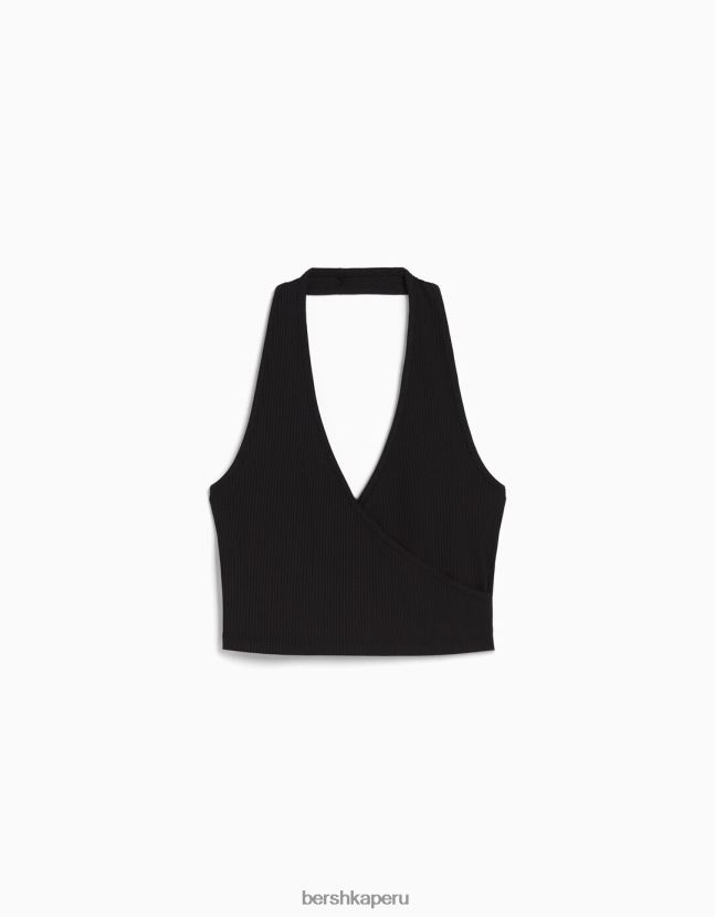 negro Bershka mujer top corto de canalé con cuello halter 806J6B681