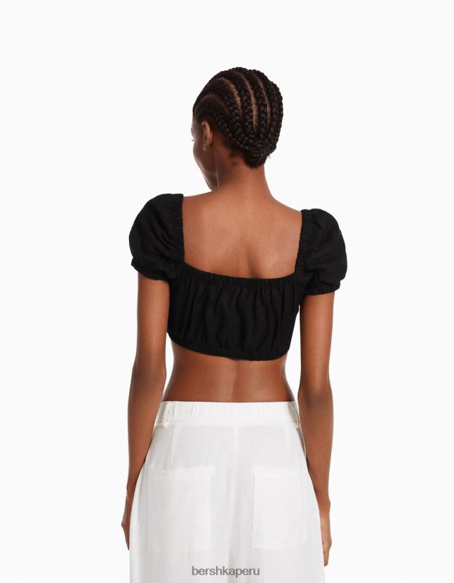 negro Bershka mujer top corto de manga corta en mezcla de lino con detalle fruncido 806J6B774