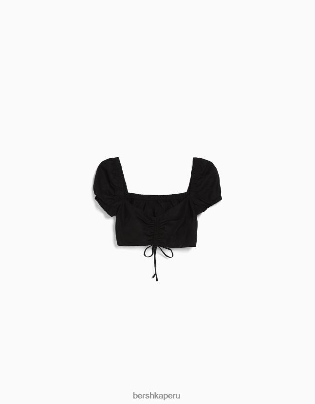 negro Bershka mujer top corto de manga corta en mezcla de lino con detalle fruncido 806J6B774