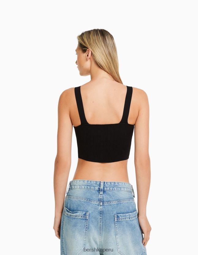 negro Bershka mujer top de canalé de nailon con tirantes 806J6B835