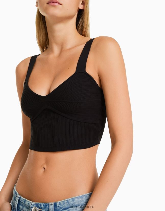 negro Bershka mujer top de canalé de nailon con tirantes 806J6B835