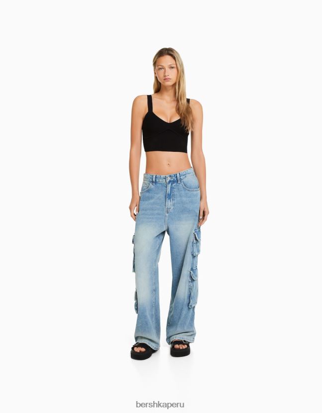 negro Bershka mujer top de canalé de nailon con tirantes 806J6B835