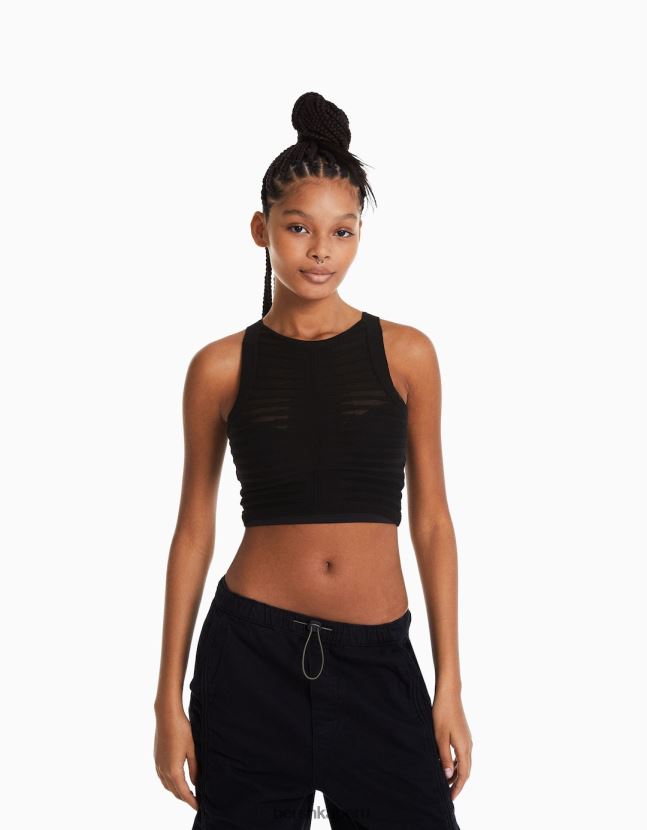 negro Bershka mujer top de punto transparente 806J6B783