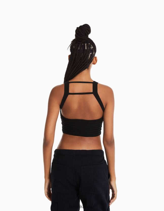 negro Bershka mujer top de punto transparente 806J6B783