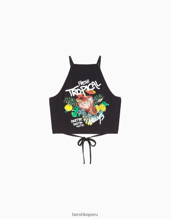 negro Bershka mujer top de tiras con cordón estampado 806J6B656